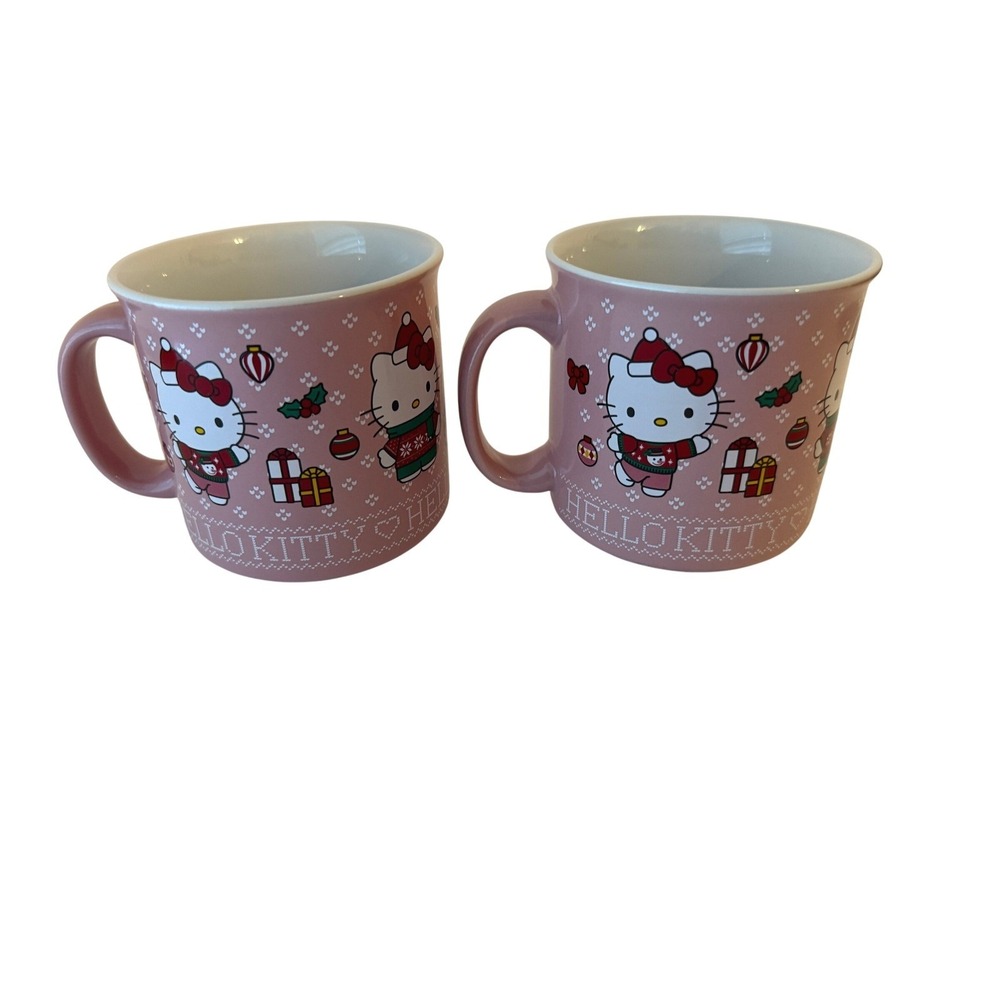 Hello Kitty Christmas Coffee Mugs Set of 2 Pink Holiday Theme Snow‎ Ceramic Cups